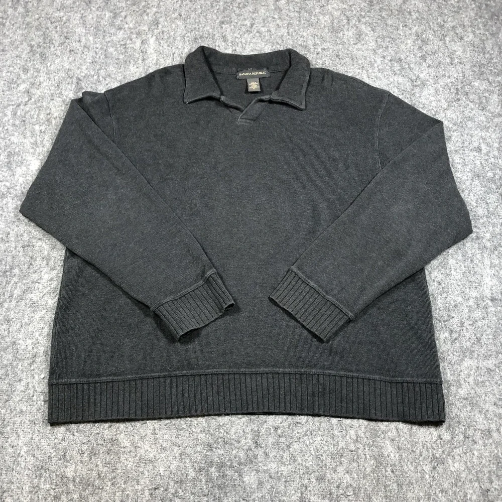 Banana‎ Republic Sweater Mens XL Gray Collared Cotton Knit Pullover Long Sleeve